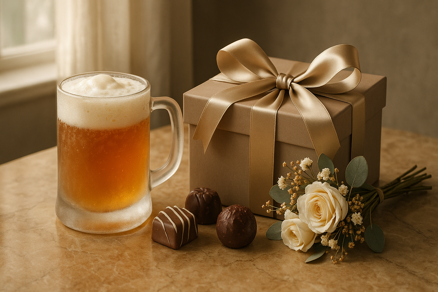 Regalos con estética mágica: bebida ámbar cremosa y caja de regalo