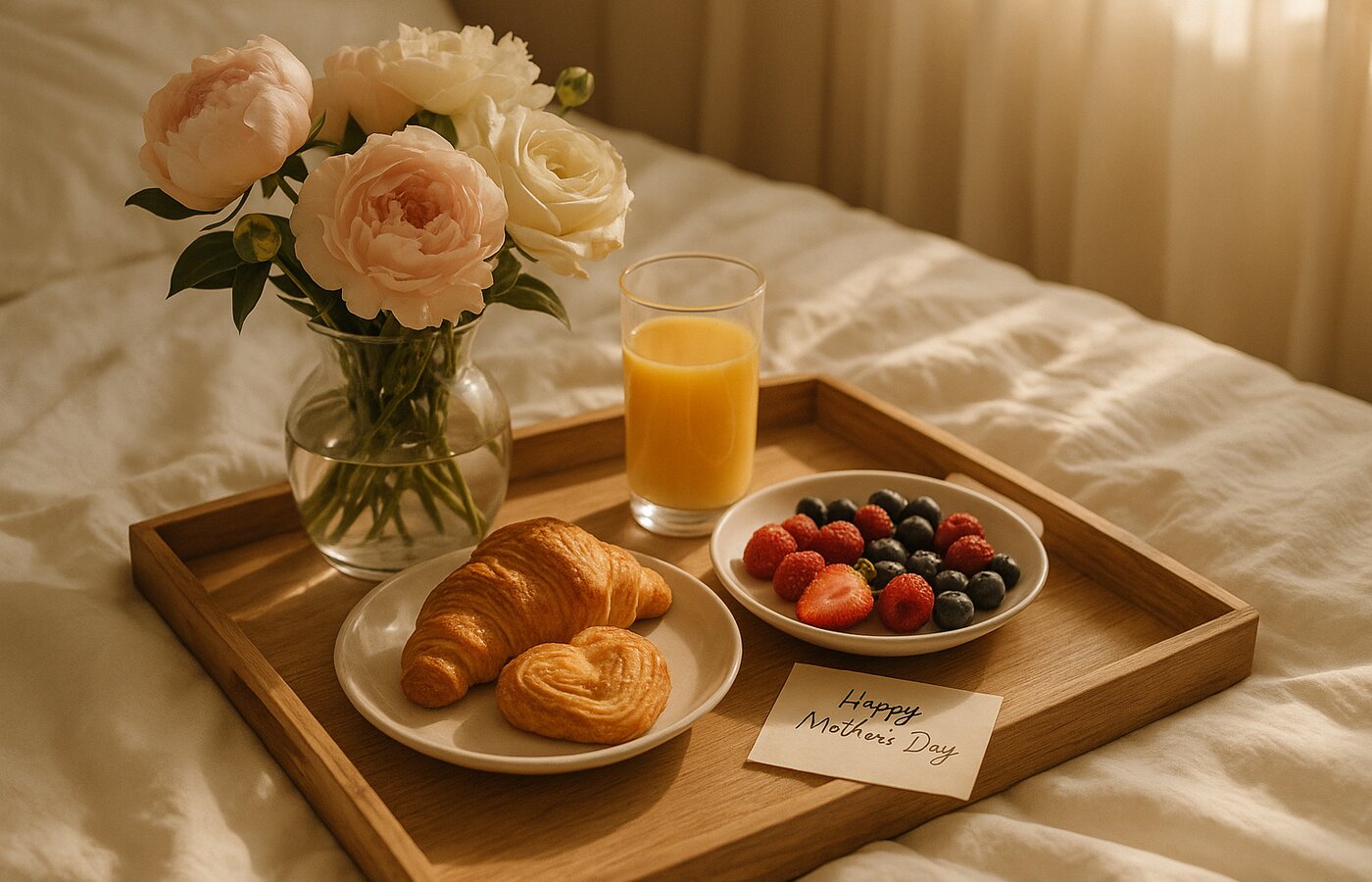 Bandeja de desayuno sorpresa con flores frescas, postre artesanal y tarjeta para Día de la Madre en una habitación con luz natural