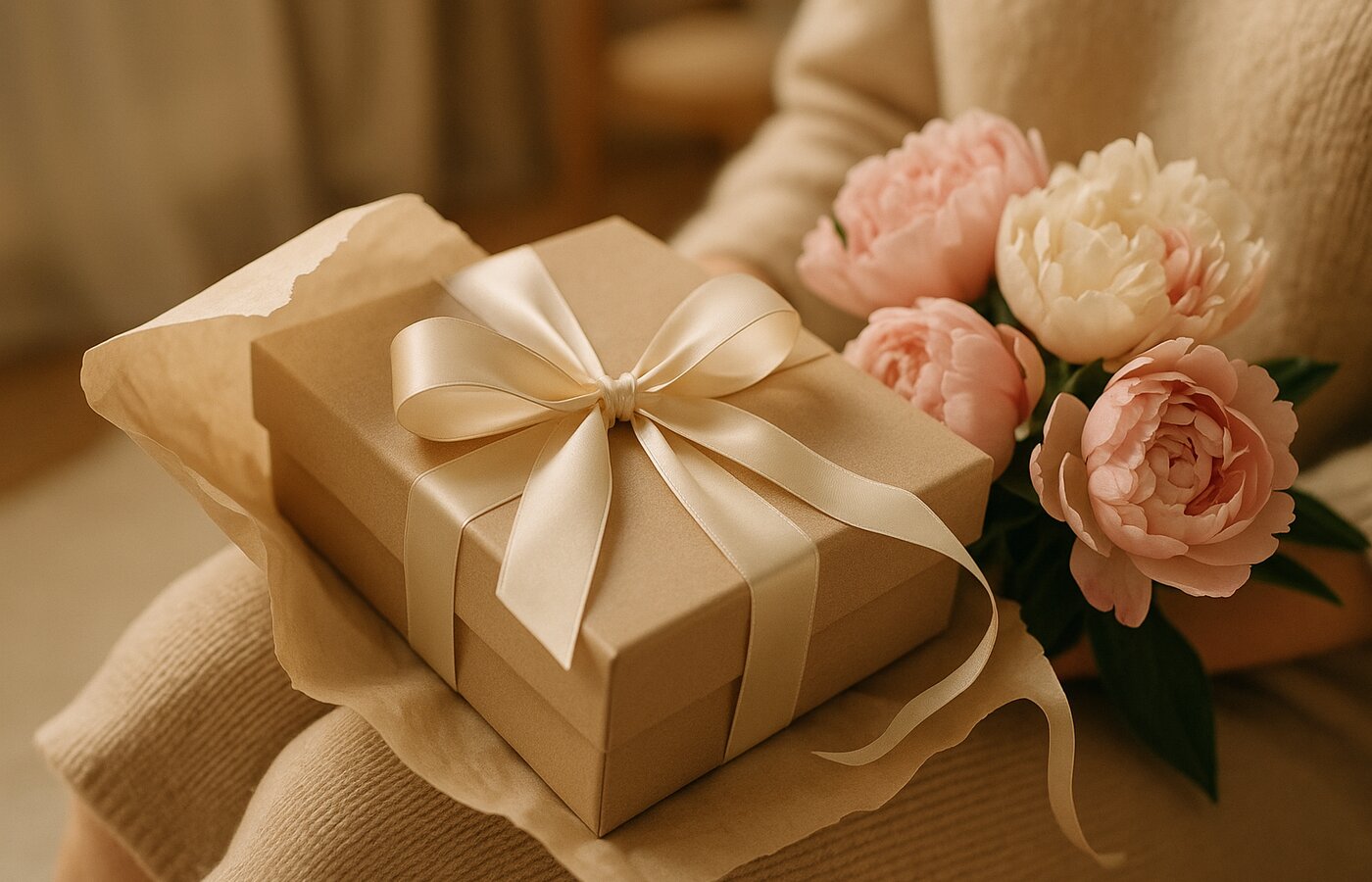 Caja de regalo parcialmente desenvuelta sobre el regazo con bouquet de peonías rosadas y blancas al lado, atmósfera íntima de Día de la Madre