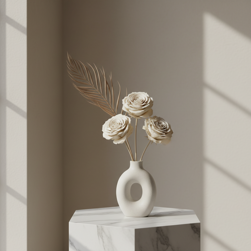 Arreglo floral minimalista sobre mármol blanco