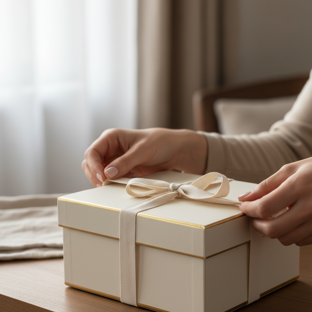 Unboxing de caja de regalo con cinta de algodón