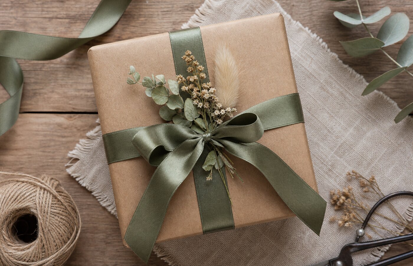 Empaque de regalo con papel kraft, cinta de raso y un pequeño ramillete botánico
