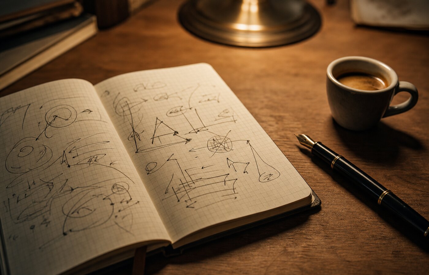 Cuaderno abierto con el framework escrito a mano, pluma estilográfica y café