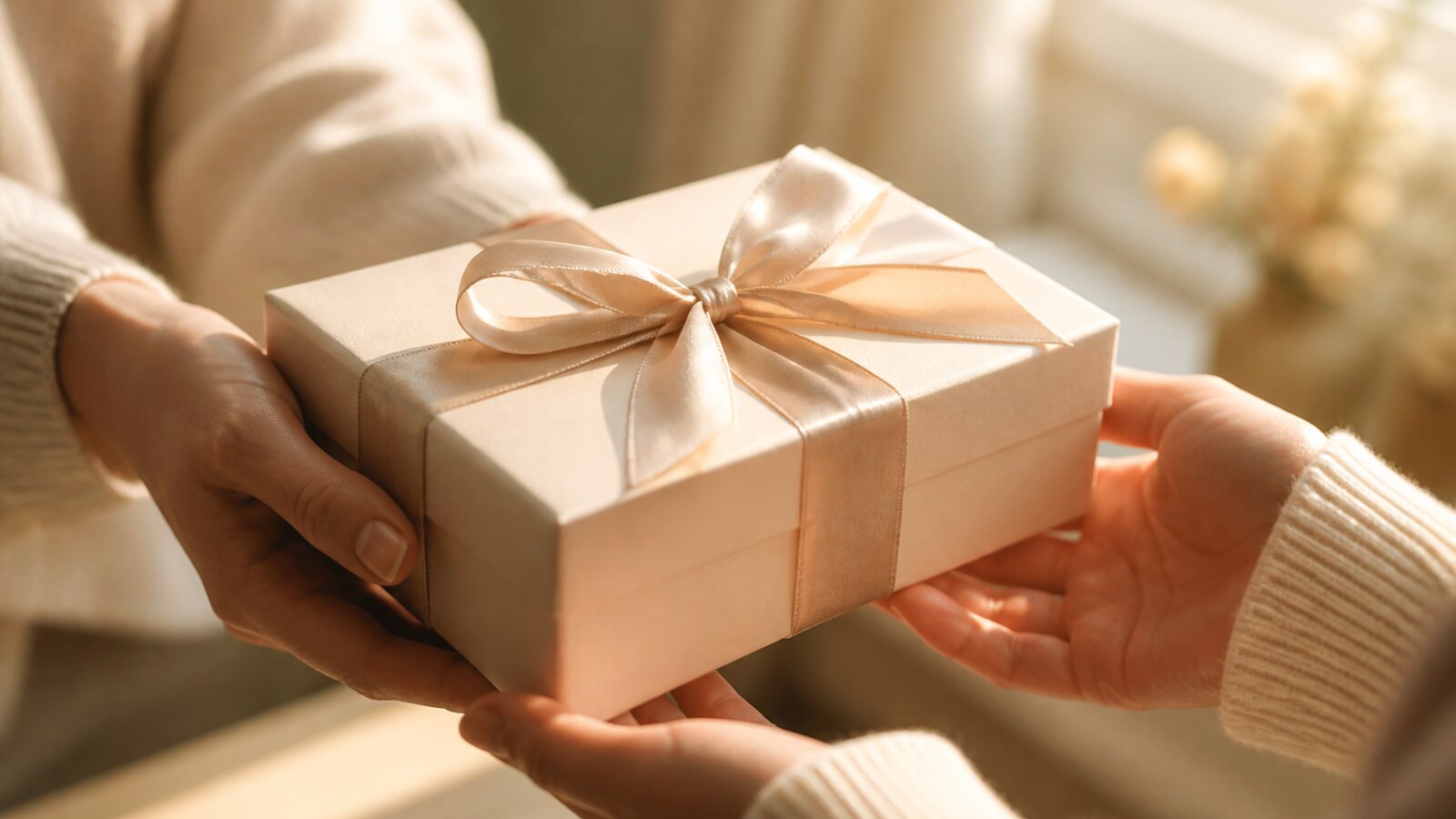 Manos recibiendo una caja de regalo con cinta de raso