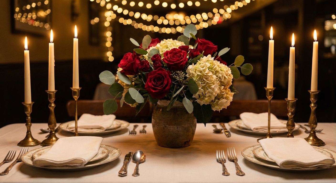 Mesa de cena romántica con velas y centro de mesa floral