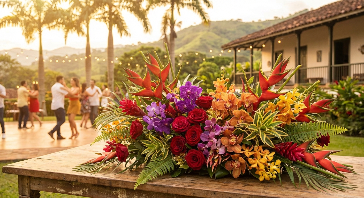 Arreglo tropical vibrante con rosas y orquídeas, Cali