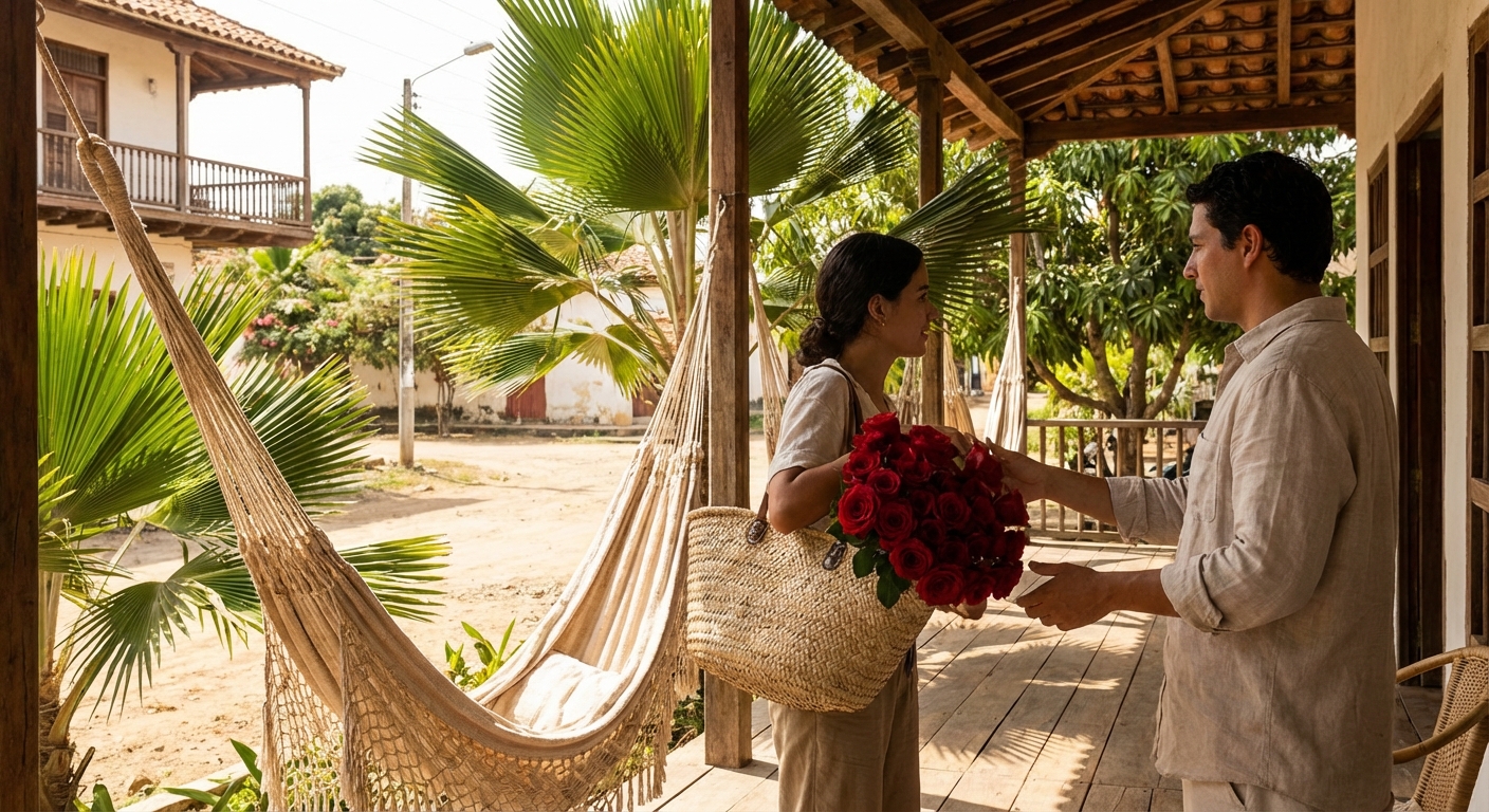 Entrega de rosas frescas en porche tropical, Montería